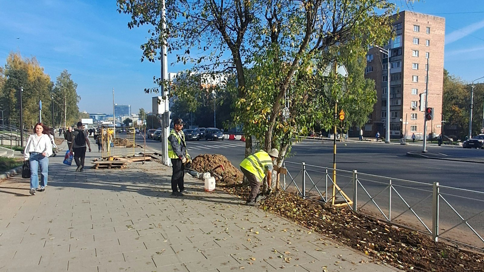 Due operai in gilet catarifrangente lavorano accanto a un cumulo di terra ai piedi di un albero giovane con il tutore, lungo un marciapiede in autunno