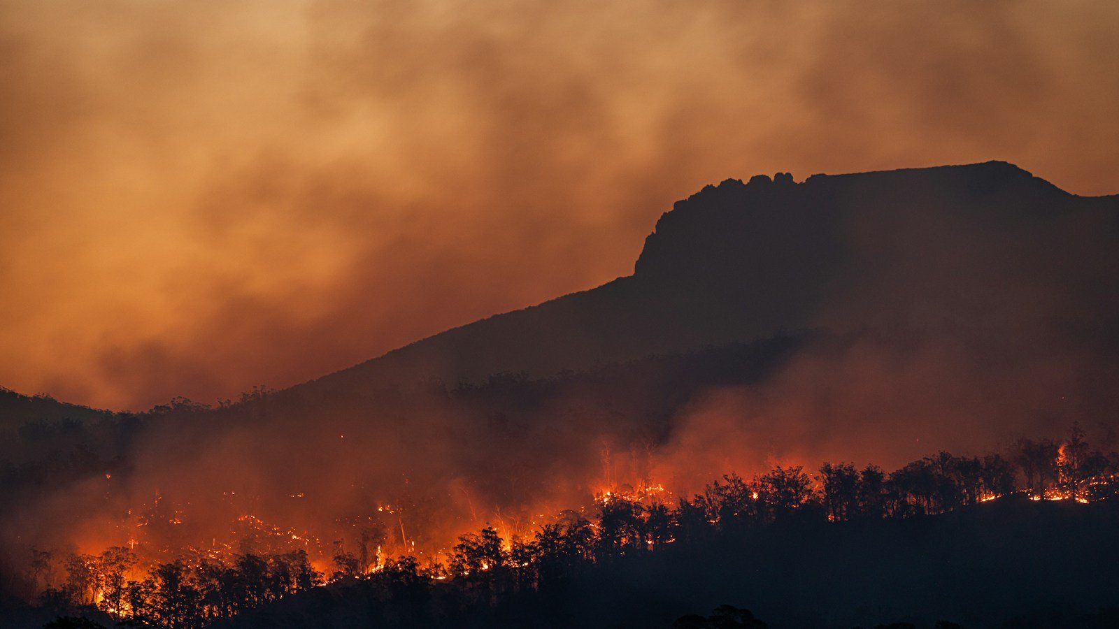 Incendio che avanza di notte lungo il bosco ai piedi di un rilievo roccioso, con il cielo coperto di fumo arancione