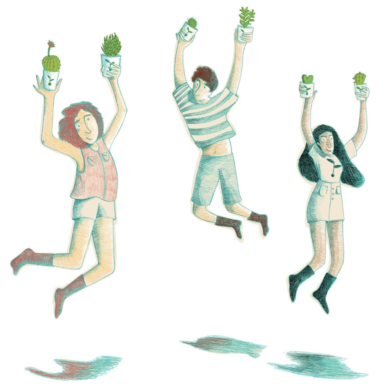 Illustrazione di tre persone che saltano tenendo in mano una piantina