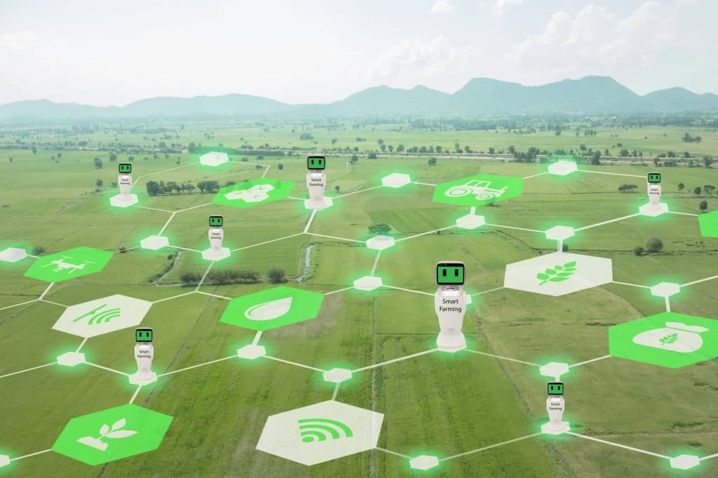 Illustrazione di un campo coltivato con sensori e dati connessi