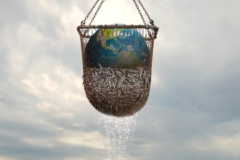 Illustrazione di una rete da pesca che stringe il pianeta