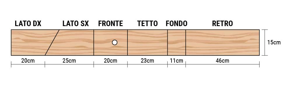Schema di taglio del legno con le misure delle sei parti del nido