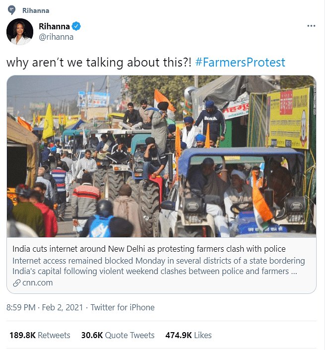 Tweet di Rihanna sulla protesta degli agricoltori indiani