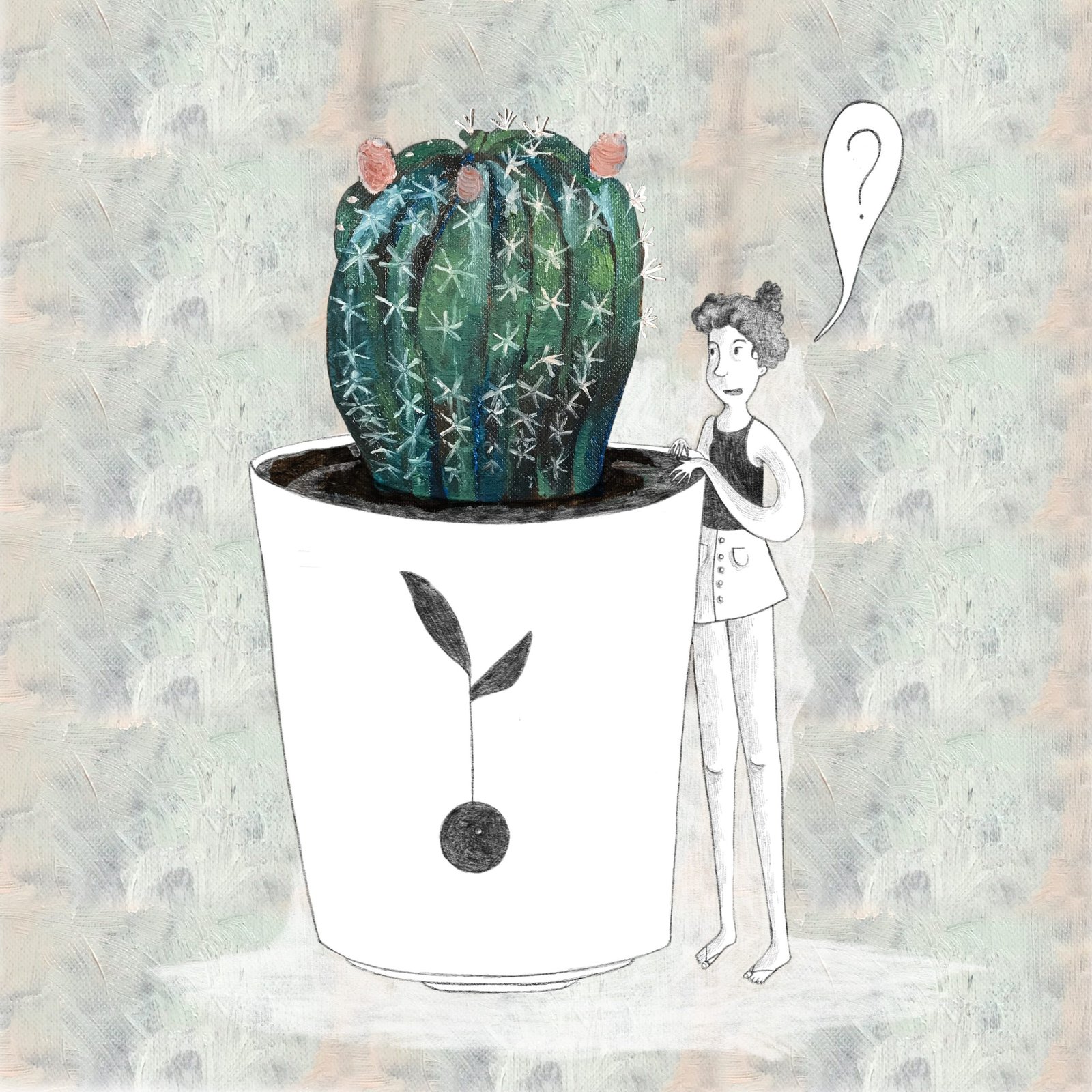 Illustrazione di un cactus nel vaso Piantando accanto a una figura pensierosa