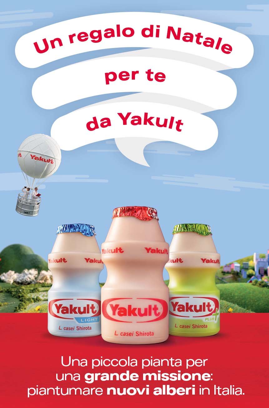 Grafica natalizia Yakult con la piantina Piantando in regalo