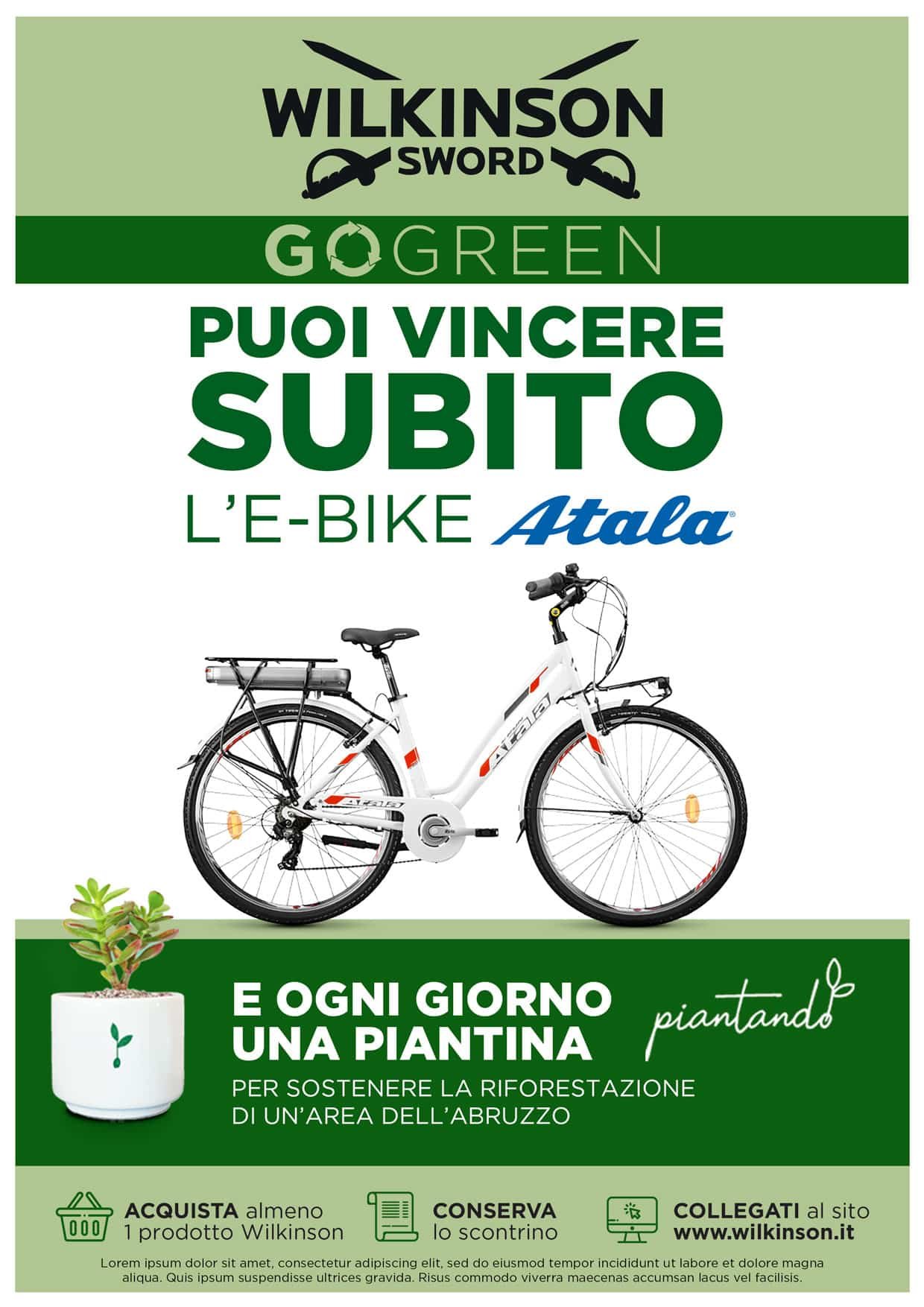Locandina del contest Wilkinson GoGreen con e-bike e piantina