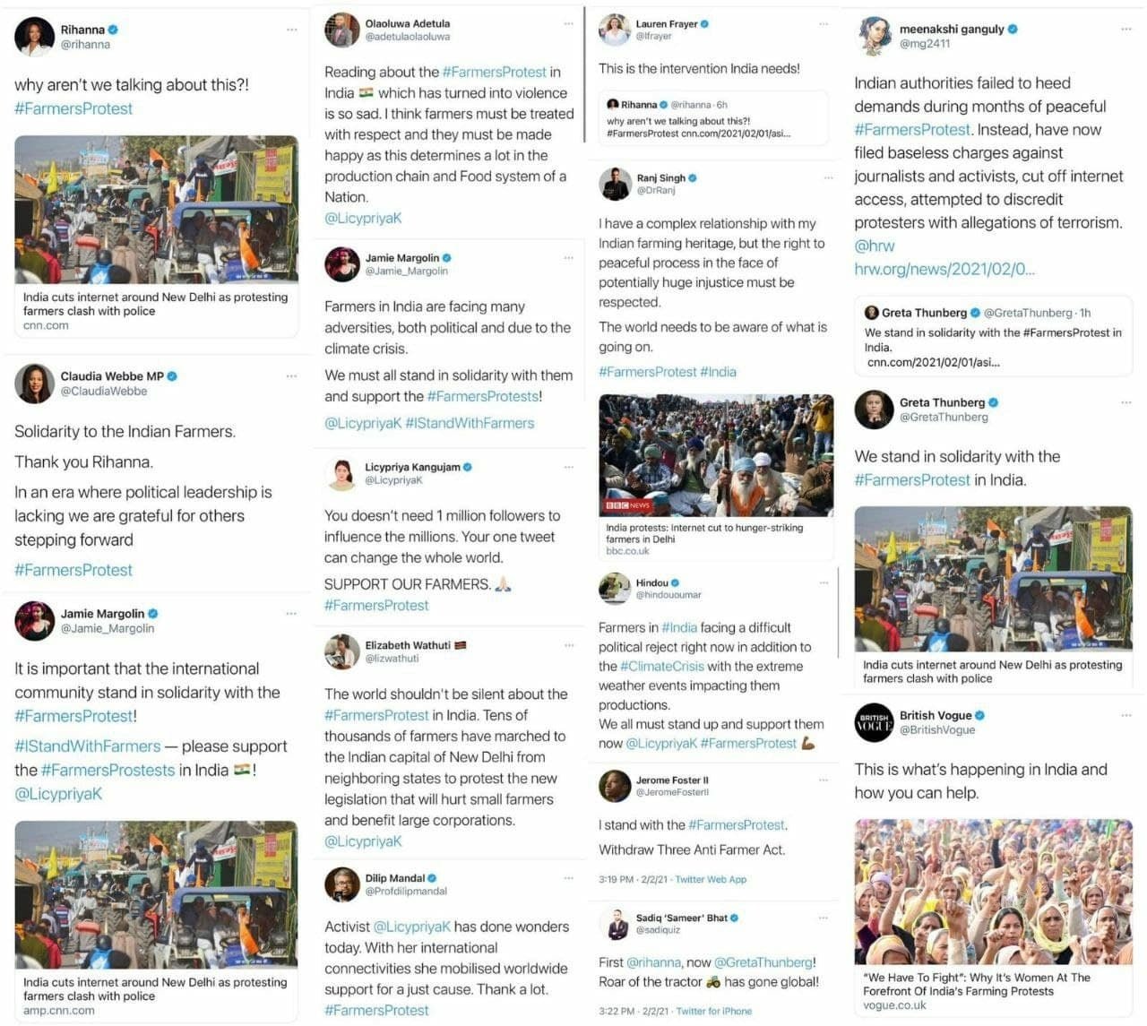 Raccolta di tweet sulla protesta degli agricoltori indiani
