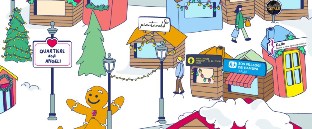 Illustrazione del villaggio di Natale online con le casette espositive